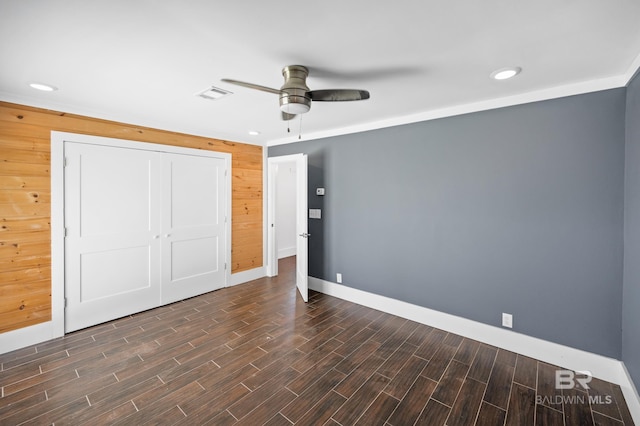 24663 Chestnut St Unit A & B, Elberta, AL 36530 - unfurnished bedroom with baseboards, dark wood finished floors, recessed lighting, ceiling fan, and a closet