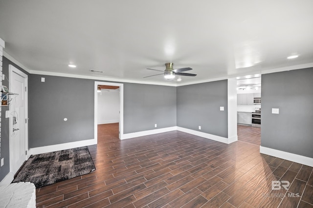 24663 Chestnut St Unit A & B, Elberta, AL 36530 - unfurnished living room with ceiling fan, dark wood finished floors, baseboards, recessed lighting, and ornamental molding