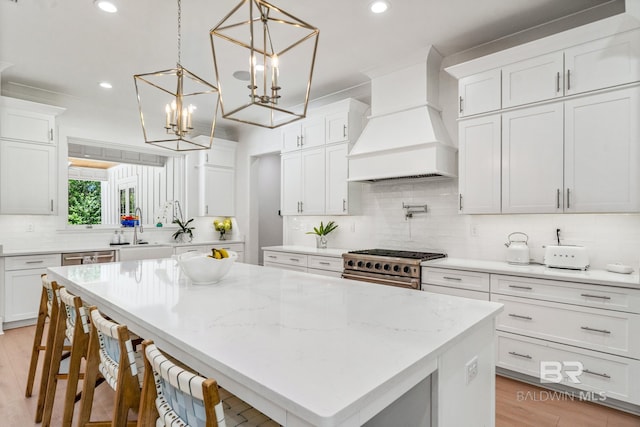 kitchen with custom exhaust hood, white cabinetry, a sink, a kitchen island, and high end stove