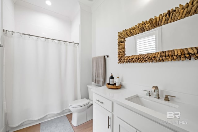 bathroom featuring toilet, shower / bath combination with curtain, and vanity