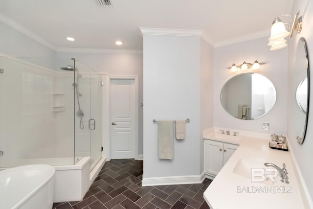 bathroom with crown molding, vanity, and separate shower and tub