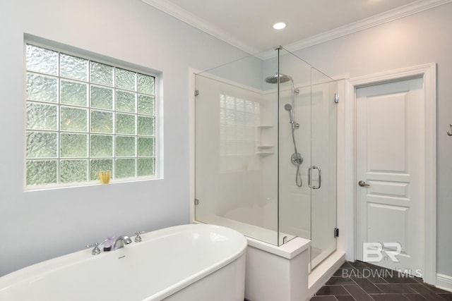 bathroom featuring shower with separate bathtub and crown molding