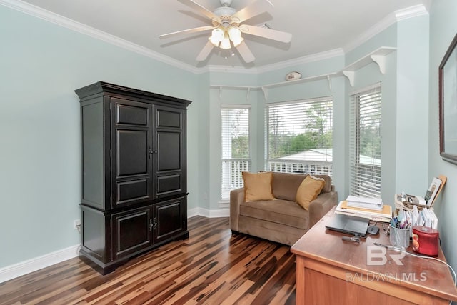 home office with dark wood-type flooring, ceiling fan, and crown molding