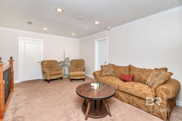 living room featuring ornamental molding and carpet