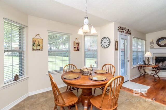 dining room with a notable chandelier, a textured ceiling, light hardwood / wood-style floors, and a healthy amount of sunlight