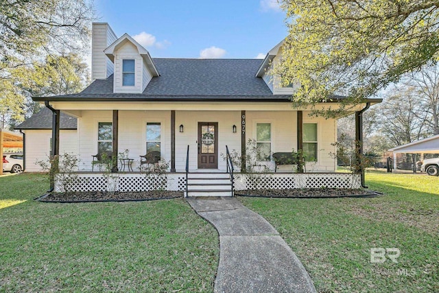 view of front of home featuring roof with shingles, a chimney, a porch, and a front yard