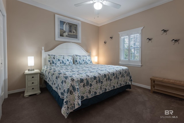 bedroom featuring carpet flooring, ceiling fan, baseboards, and ornamental molding