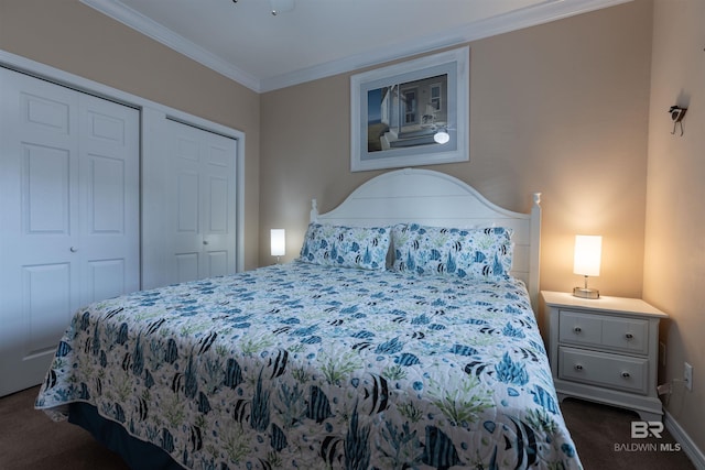 bedroom featuring dark colored carpet, baseboards, and ornamental molding