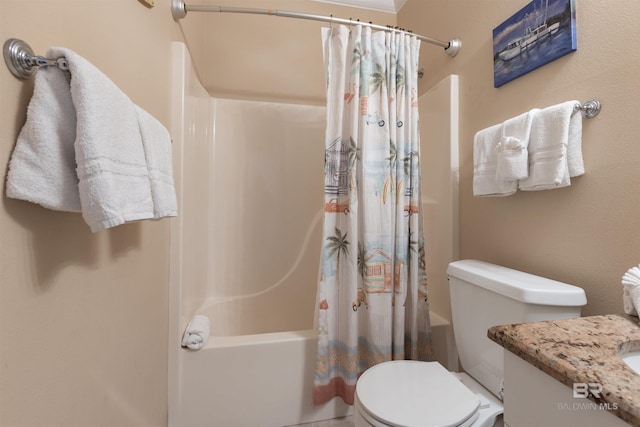 full bathroom with toilet, vanity, and shower / bath combination with curtain