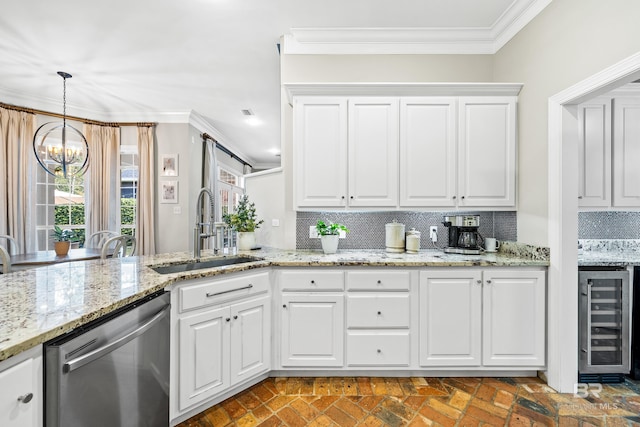 kitchen with sink, white cabinetry, dishwasher, and wine cooler