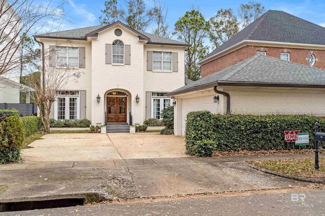 front of property with french doors and a garage