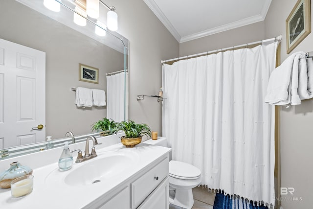 bathroom featuring ornamental molding, tile patterned flooring, vanity, and toilet