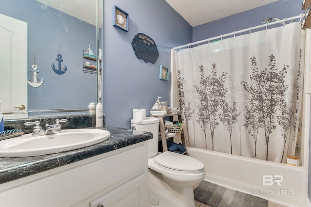 10675 Aloe Ln, Lillian, AL 36549 - bathroom featuring toilet, vanity, a textured ceiling, and shower / bath combination with curtain