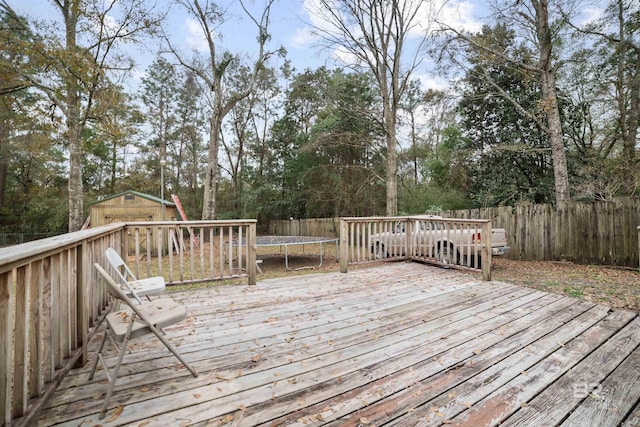 wooden deck with a trampoline and a shed