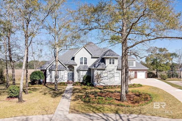 view of front of house with a garage, concrete driveway, a front yard, and a shingled roof