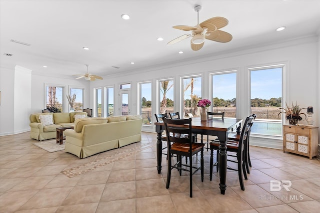 dining room featuring recessed lighting, light tile patterned flooring, a ceiling fan, and crown molding