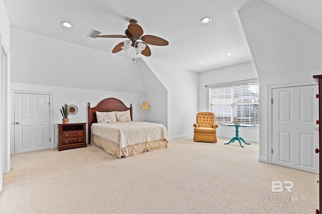 bedroom with visible vents, recessed lighting, carpet, baseboards, and vaulted ceiling