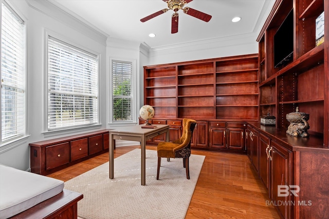 office featuring ceiling fan, ornamental molding, recessed lighting, and light wood finished floors