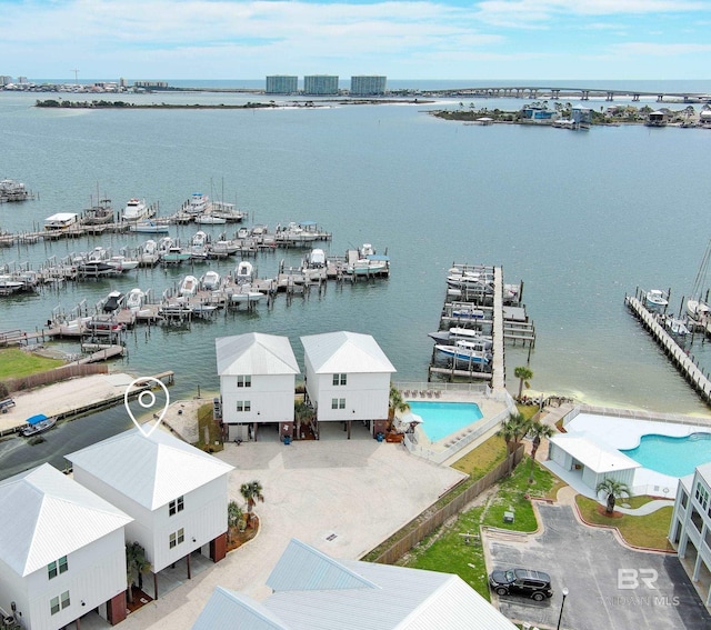 drone / aerial view with a water view