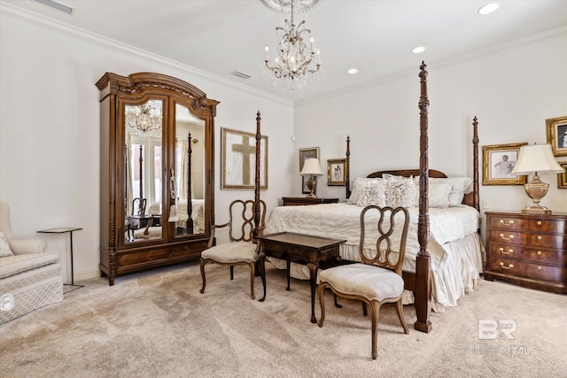 carpeted bedroom with visible vents, a chandelier, and crown molding