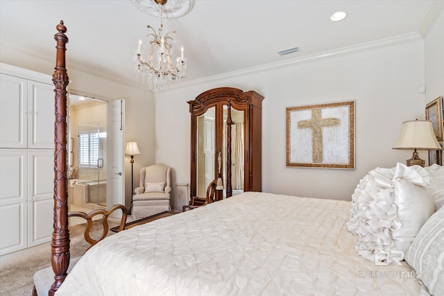 carpeted bedroom with recessed lighting, visible vents, crown molding, and a notable chandelier