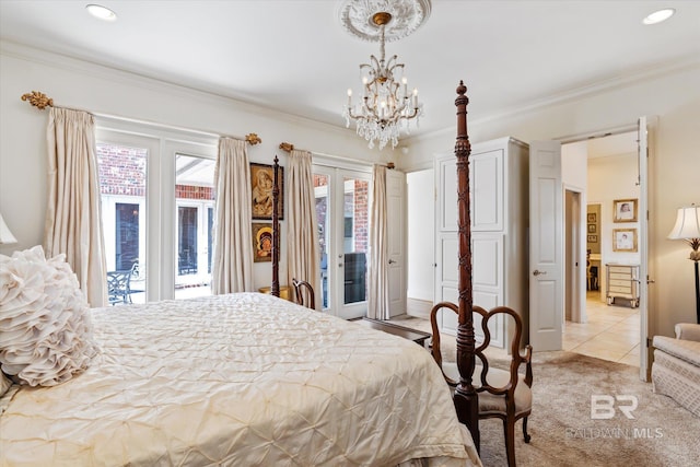 bedroom featuring ornamental molding, multiple windows, light colored carpet, and access to exterior