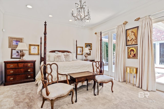 bedroom featuring crown molding, a notable chandelier, recessed lighting, light colored carpet, and access to outside