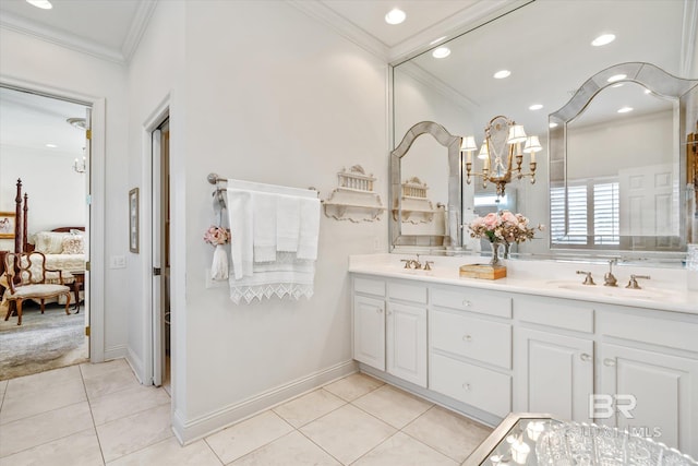 full bath with ensuite bath, crown molding, a sink, and tile patterned floors