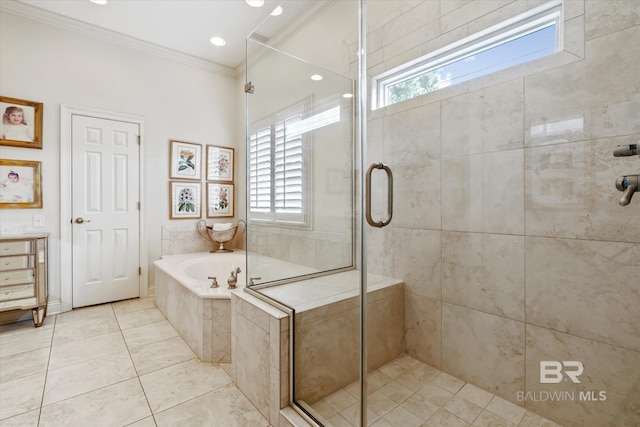 full bathroom with a garden tub, ornamental molding, a wealth of natural light, and a stall shower