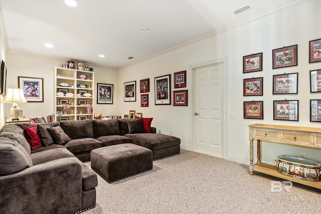 living area with baseboards, carpet floors, visible vents, and crown molding