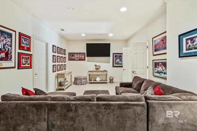 carpeted living area with ornamental molding and recessed lighting