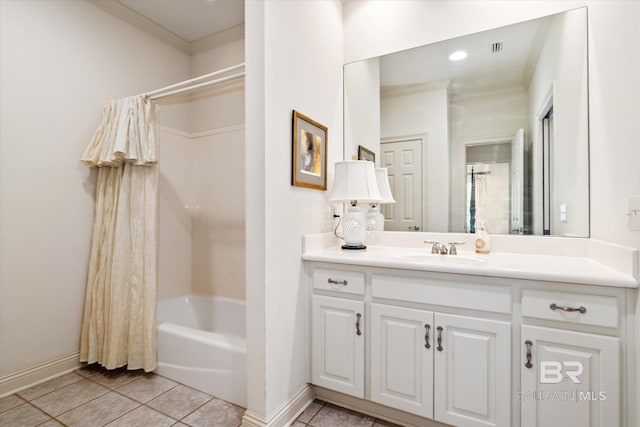 full bathroom with tile patterned flooring, crown molding, vanity, baseboards, and shower / bathtub combination with curtain