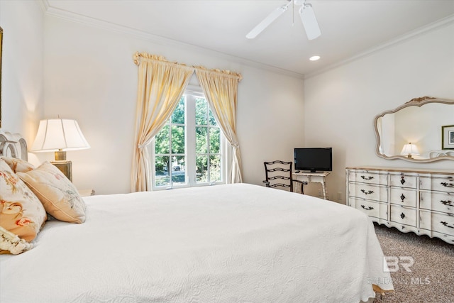 bedroom featuring recessed lighting, carpet, a ceiling fan, and crown molding