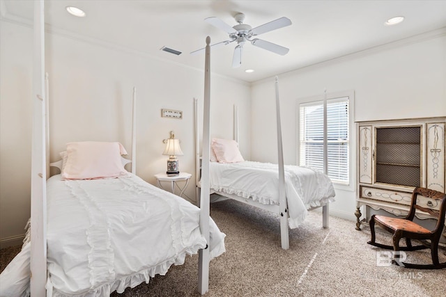 bedroom with recessed lighting, carpet, visible vents, and crown molding