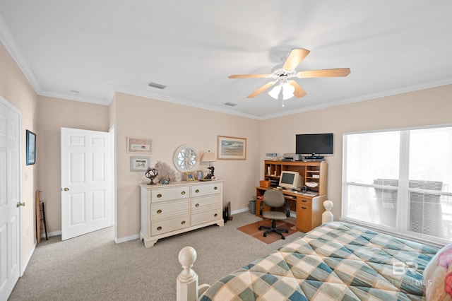 bedroom with ornamental molding, light colored carpet, and ceiling fan