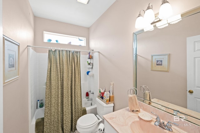 full bathroom featuring vanity, vaulted ceiling, toilet, and shower / tub combo