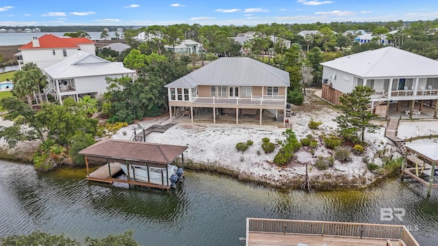 aerial view featuring a water view