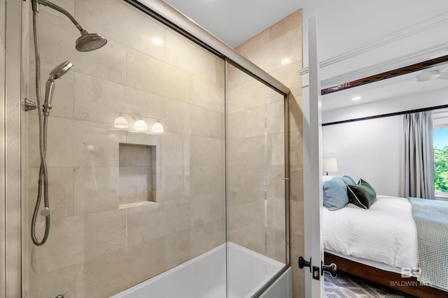bathroom featuring connected bathroom and bath / shower combo with glass door