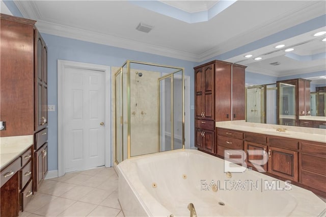 1140 E Dominion Dr, Mobile, AL 36695 - full bathroom with a stall shower, vanity, a whirlpool tub, tile patterned flooring, and ornamental molding