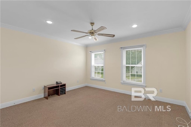 1140 E Dominion Dr, Mobile, AL 36695 - carpeted empty room featuring crown molding, recessed lighting, and ceiling fan