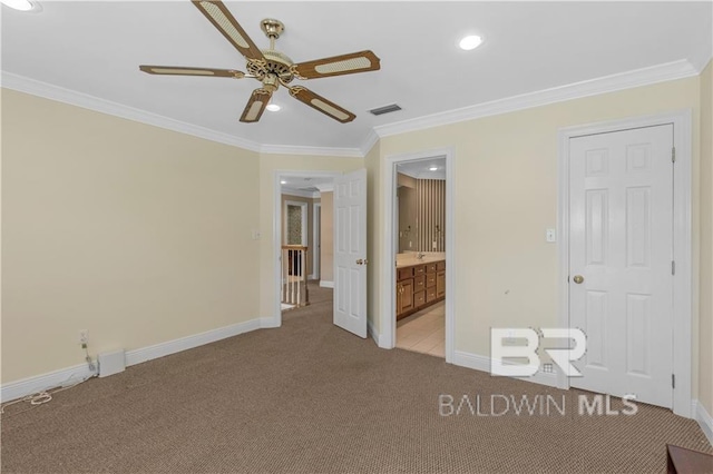 1140 E Dominion Dr, Mobile, AL 36695 - unfurnished bedroom with light colored carpet, crown molding, connected bathroom, ceiling fan, and recessed lighting