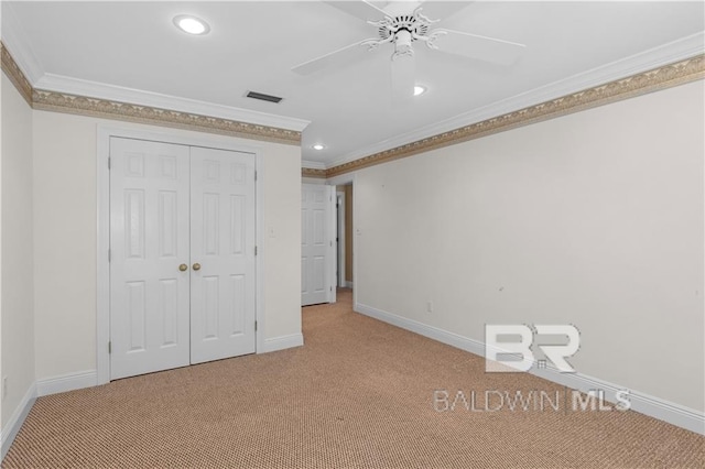 1140 E Dominion Dr, Mobile, AL 36695 - unfurnished bedroom featuring ornamental molding, carpet flooring, a closet, recessed lighting, and ceiling fan