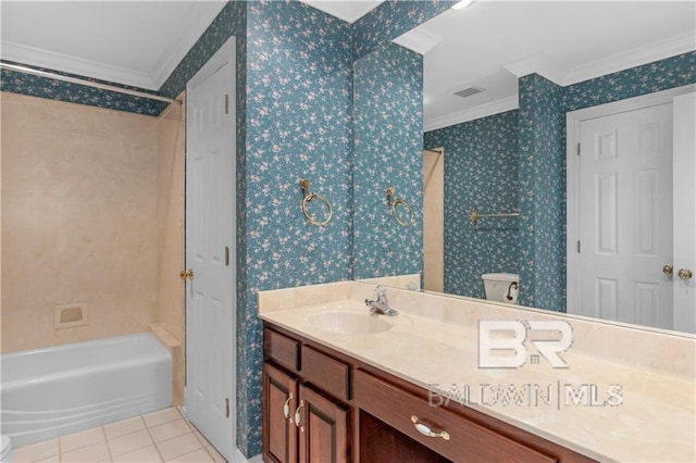 1140 E Dominion Dr, Mobile, AL 36695 - full bath featuring crown molding, vanity, wallpapered walls, tile patterned flooring, and shower / washtub combination