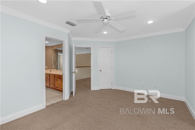1140 E Dominion Dr, Mobile, AL 36695 - unfurnished bedroom with light colored carpet, crown molding, recessed lighting, ensuite bath, and ceiling fan
