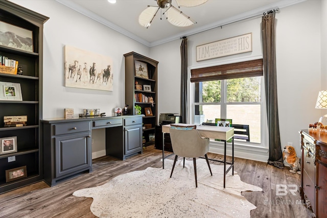 14281 Timber Ridge Dr, Loxley, AL 36551 - home office featuring ornamental molding, wood finished floors, and ceiling fan