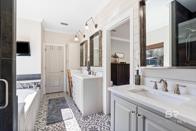 14281 Timber Ridge Dr, Loxley, AL 36551 - full bathroom featuring ornamental molding, two vanities, a bath, and tile patterned floors