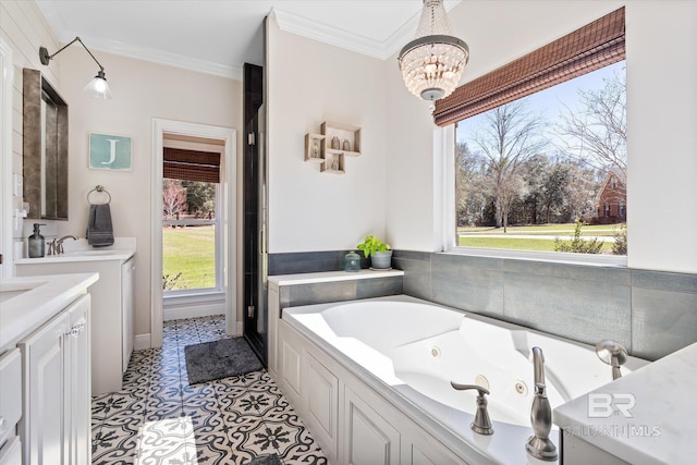 14281 Timber Ridge Dr, Loxley, AL 36551 - full bathroom with ornamental molding, a chandelier, vanity, a jetted tub, and tile patterned floors