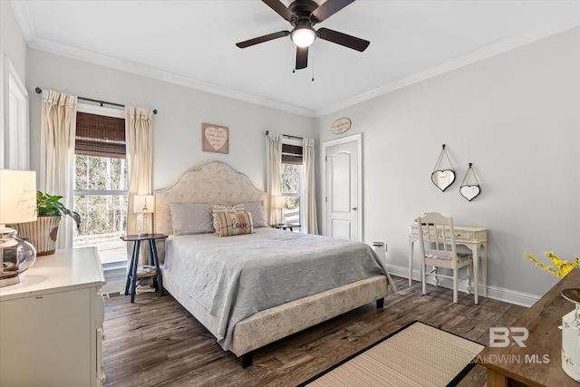 14281 Timber Ridge Dr, Loxley, AL 36551 - bedroom with crown molding, dark wood-style floors, and ceiling fan