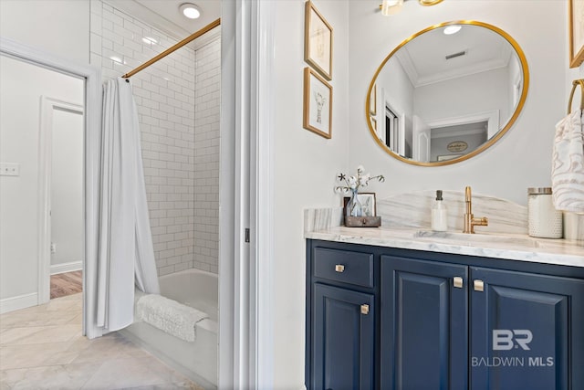 14281 Timber Ridge Dr, Loxley, AL 36551 - bathroom featuring ornamental molding, vanity, and shower / tub combo with curtain