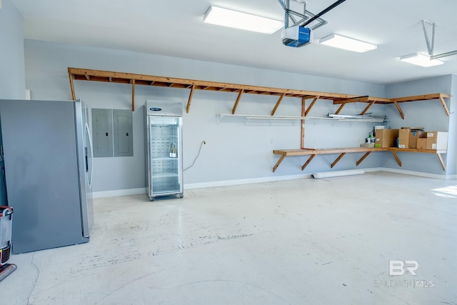 garage with electric panel, stainless steel fridge, and a garage door opener